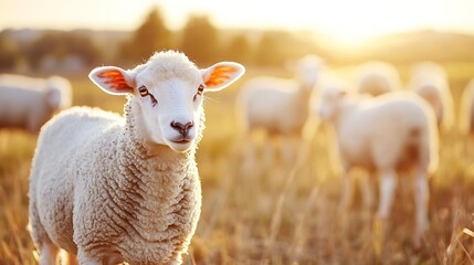 Obraz premium Charming Sheep in Golden Meadow During Sunset with Flock in Background Offering a Peaceful Farm Scene : Generative AI