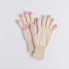Beige knit gloves with pink and light blue accents on fingers create a stylish look for cold weather. Popular women product enhances winter outfits, offering warm women goods and trendy female goods.
