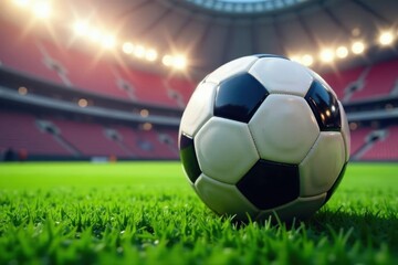 Naklejka premium Close-up football soaring, stadium background blurred, oval, gridiron, pigskin
