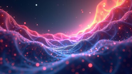 Obraz premium A mysterious realm of overlapping fractal geometries, vibrant waves of light flowing in all directions, a constant flux of color and form, embodying quantum superposition’s surreal beauty.