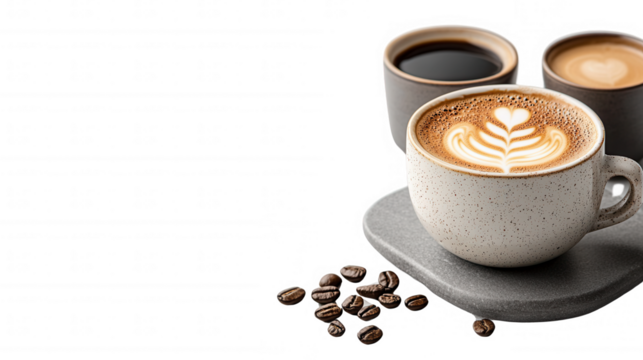 Two cups of coffee with heart designs in the foam perfect for sharing a romantic moment with a loved one