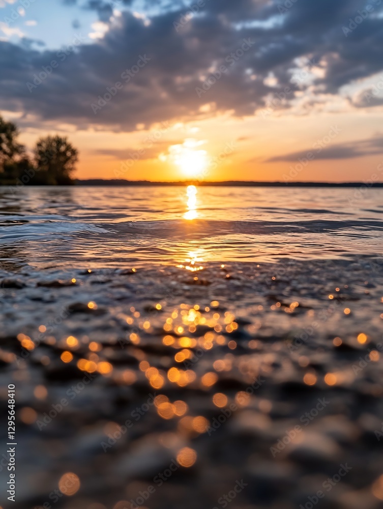 Aufkleber stunning sunset over calm waters with bokeh reflection from shimmering waves and beautiful sky : gen