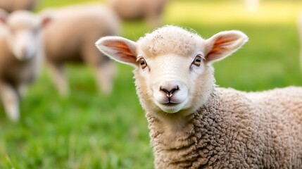 Fototapeta premium Cute Little Sheep Smiling and Grazing in a Lush Green Meadow Under Bright Sunshine : Generative AI