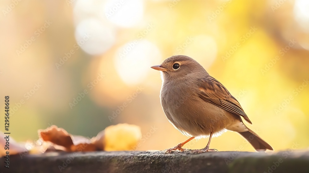 Poster closeup of a small bird perched beside fallen leaves in a softfocus nature setting : generative ai