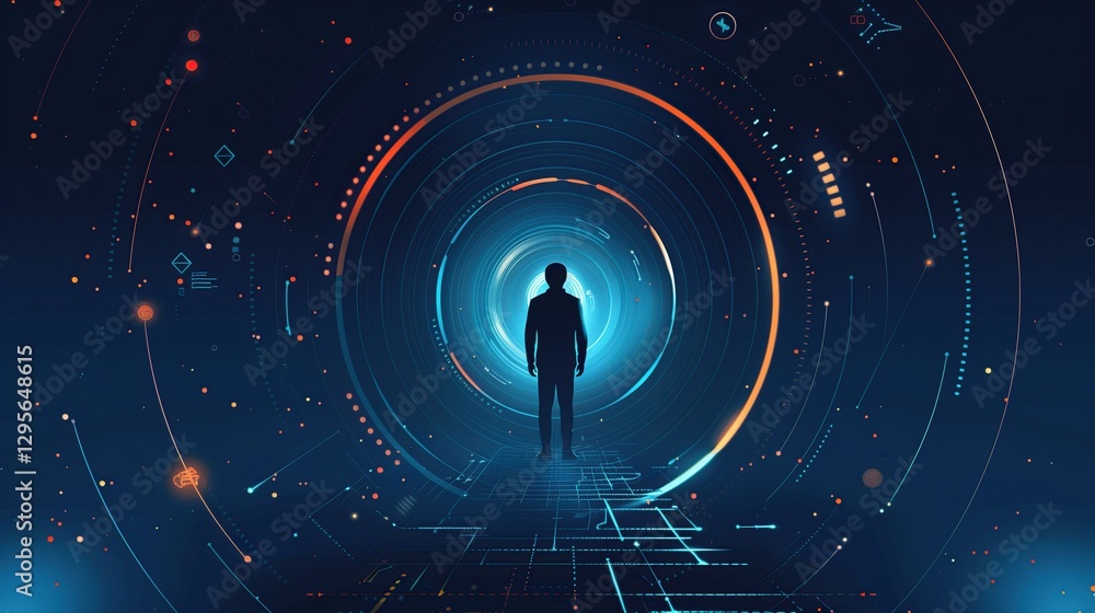 Aufkleber futuristic digital technology background with a silhouette of a person standing in the center of a p