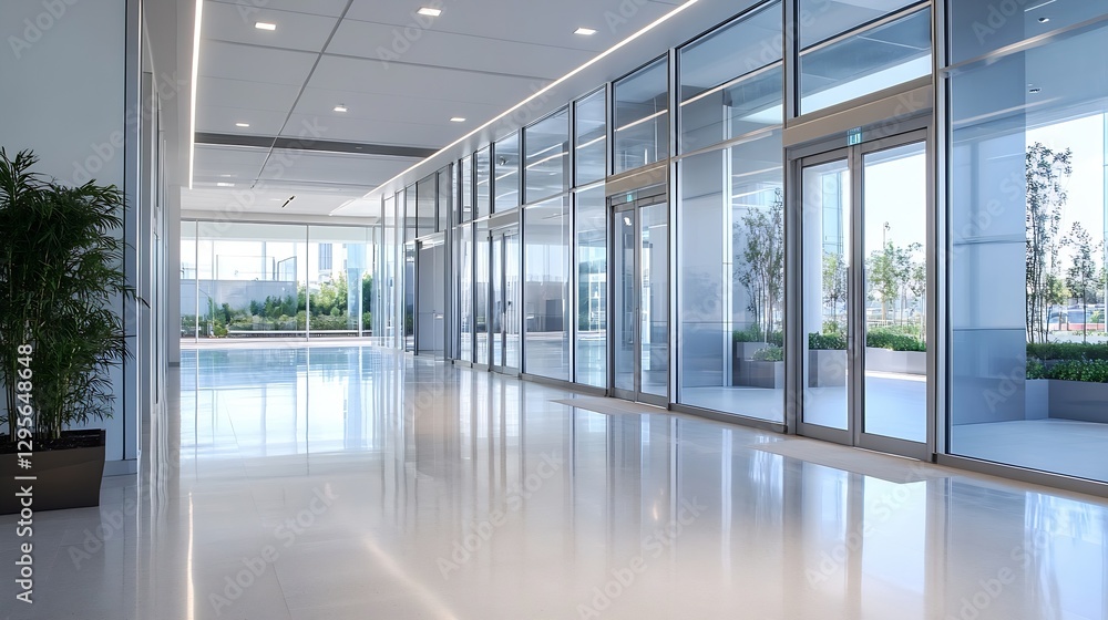 Poster bright and spacious modern lobby with glass walls and greenery for a tranquil atmosphere : generativ