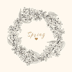 Round frame of lilac flowers. Black hand-drawing. Vintage botanical illustration. Linear art style.