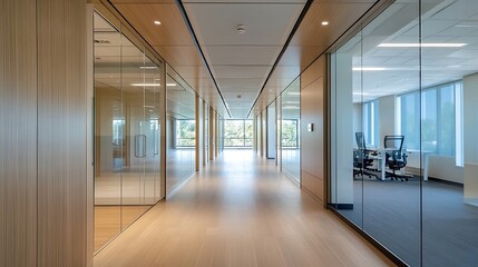Obraz premium Bright and Inviting Office Corridor with Glass Walls and Natural Lighting from Large Windows : Generative AI