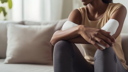 A person with an elbow injury applying a cold compress while seated in a neutral-toned living room. Featuring injury relief and recovery