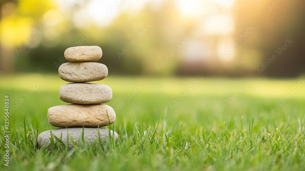 Poster stack of smooth stones balanced on green grass during a calm day : generative ai