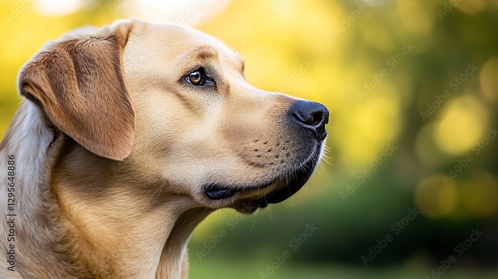 Poster adorable labrador retriever dog profile with gentle expression and soft focus : generative ai