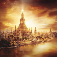 Naklejka premium Thai Temple by the River at Night