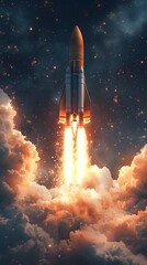 A large rocket blasts off through clouds into a starlit space