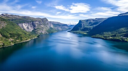 Breathtaking view of a serene fjord surrounded by majestic mountains : Generative AI