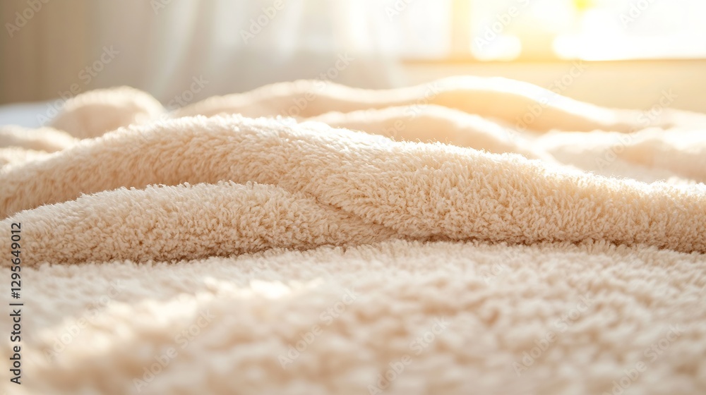 Aufkleber Plush soft blanket spread out on bed with warm sunlight streaming through window : Generative AI
