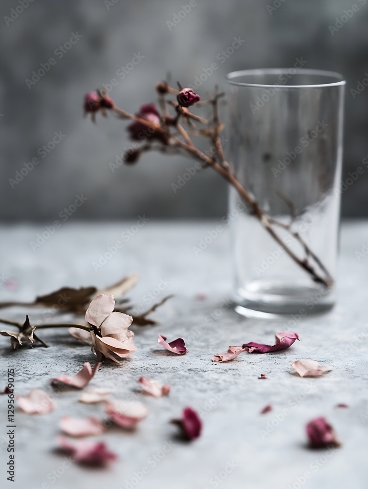 Aufkleber charming arrangement of dried flowers and petals in a glass on a soft grey surface : generative ai