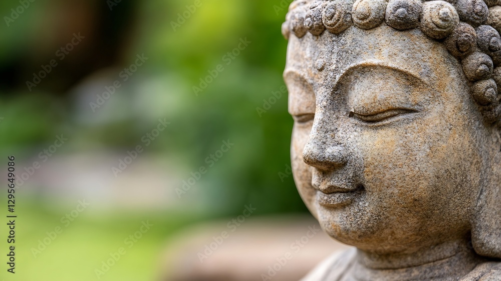 Poster serene close up of an ancient stone buddha statue exuding tranquility in a lush garden setting : gen