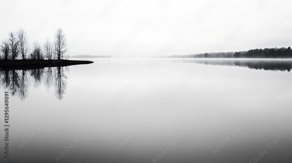 Poster serene black and white landscape of a calm lake reflecting trees in still water : generative ai