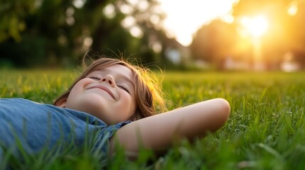 Happy Girl Relaxing in the Grass Under a Warm Golden Sunset Sky Enjoying Nature's Beauty : Generative AI