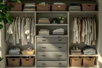 Gray fabric 6-drawer storage cabinet in open white wooden closet with shoes, jewelry, beauty products, and home decor, ideal for organization and personal style.