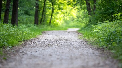 Obraz premium Serene Gravel Path Through Lush Green Forest in Soft Natural Light : Generative AI