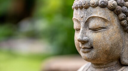 Obraz premium Serene close up of an ancient stone Buddha statue exuding tranquility in a lush garden setting : Generative AI