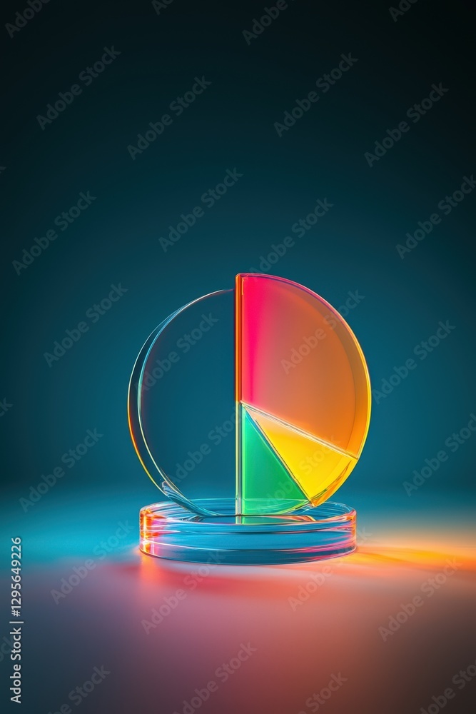 Poster a vibrant and modern representation of a pie chart made from transparent materials, illuminated in c