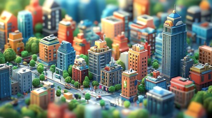 Aerial Cityscape View with Colorful Buildings and Miniature Design Style