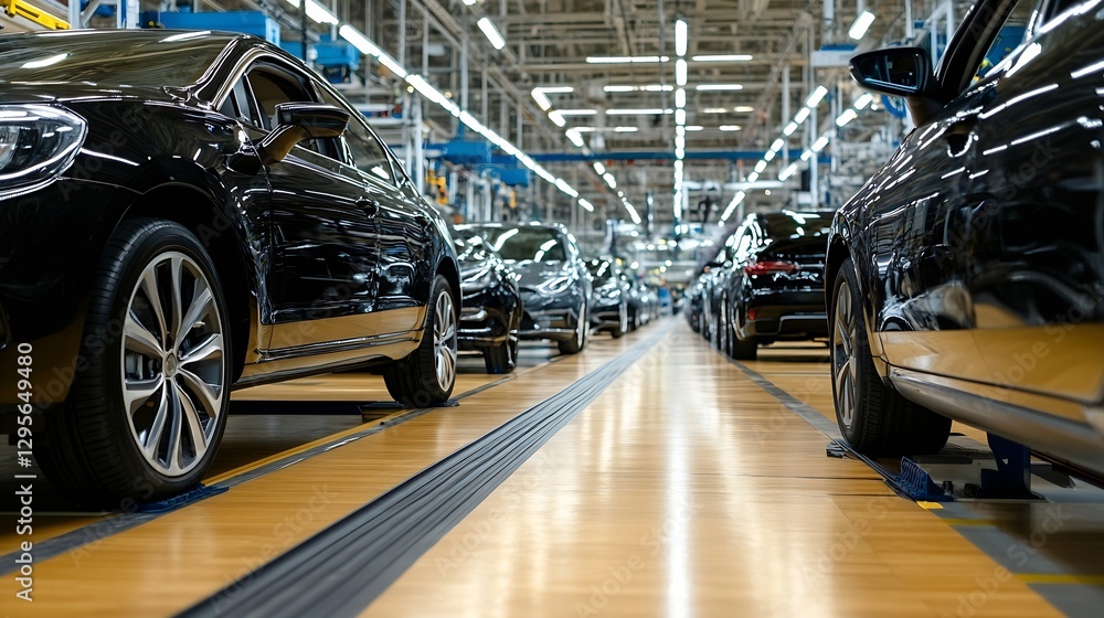 Poster inside a stateoftheart car manufacturing facility with rows of cars on the production line : generat