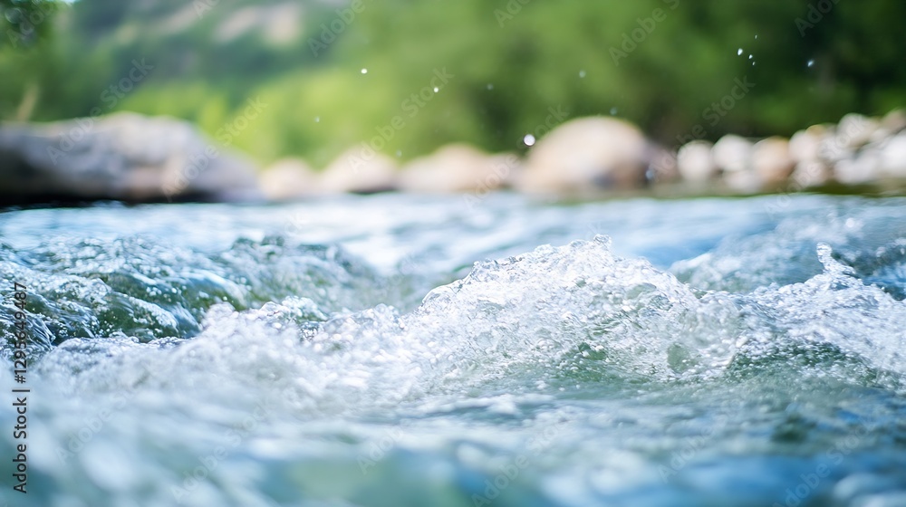 Poster Refreshing river water splashing over rocks with green forest backdrop on a summertime day : Generative AI