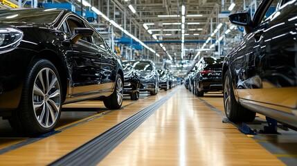 Fototapeta premium Inside a StateoftheArt Car Manufacturing Facility with Rows of Cars on the Production Line : Generative AI