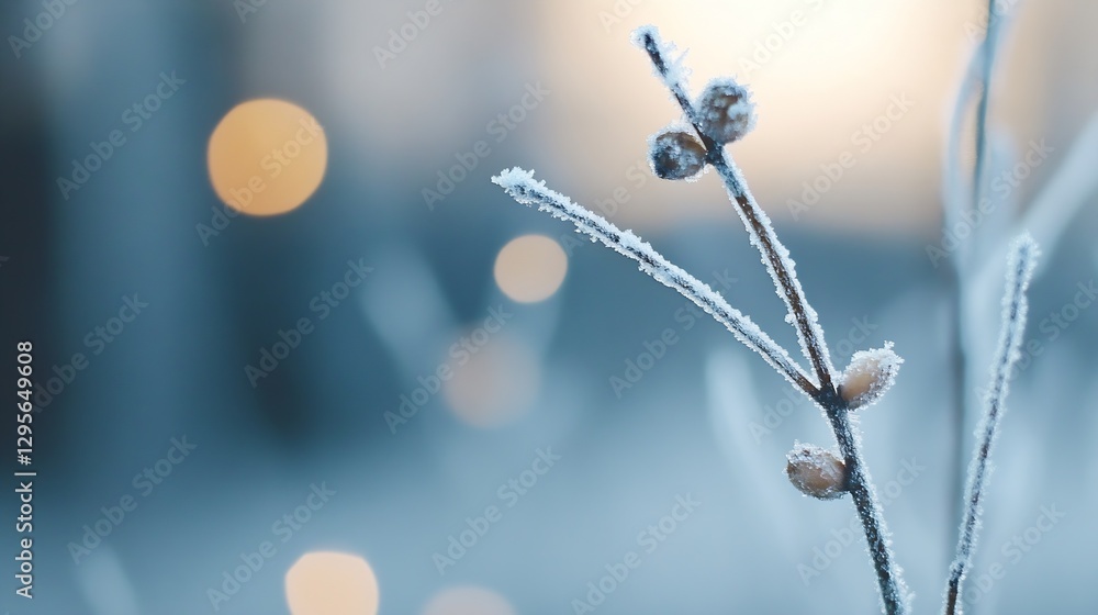 Poster frostcovered plant stems glowing with soft lights in a gentle winter atmosphere : generative ai