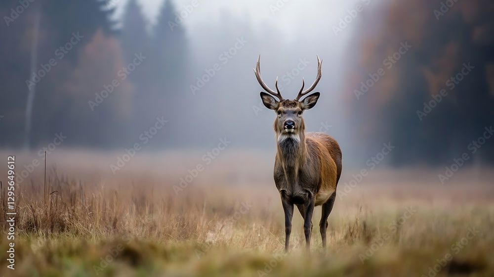 Poster majestic deer at rest in a misty landscape during autumn : generative ai