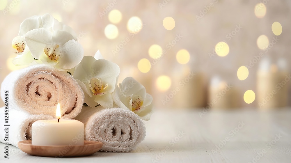 Aufkleber relaxing spa setup with soft towels and candles surrounded by beautiful orchids and warm bokeh light