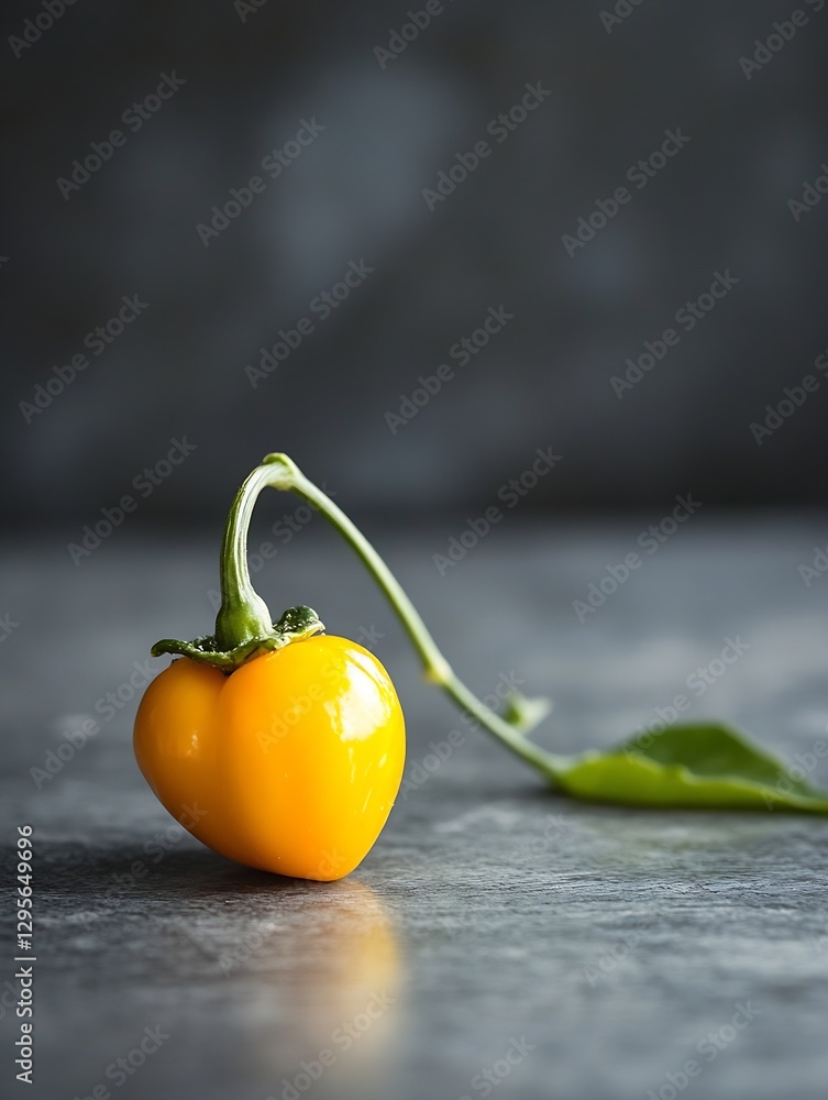 Poster vibrant yellow chili pepper with unique shape displaying freshness and flavor on a dark countertop :