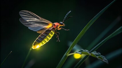 Firefly's Nocturnal Dance: Capturing the captivating bioluminescence of a firefly, its wings spread mid-flight, illuminating the night with an enchanting glow.
