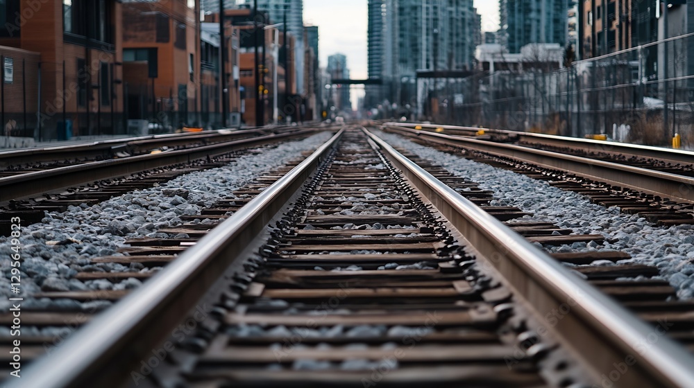 Poster dramatic perspective of railway tracks stretching forward with city buildings in the background : ge