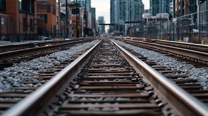 Fototapeta premium Dramatic perspective of railway tracks stretching forward with city buildings in the background : Generative AI