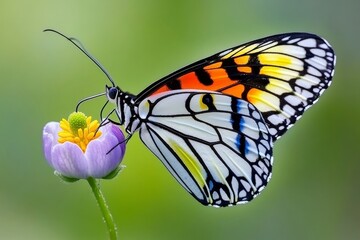 Close-up macro photography captures a gorgeous purple and blue butterfly perched on a flower in a vibrant anemone forest during spring