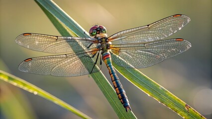 Dragonfly on a Blade of Grass: A detailed view of a vibrant dragonfly perched on a blade of grass, its delicate wings glistening in the sunlight, showcasing intricate details of nature's design.