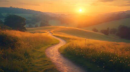 Sunset path winding through idyllic rural hills