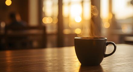 Steaming Coffee Cup on Wooden Table in Cafe with Golden Light