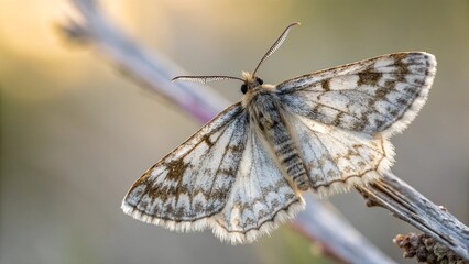 Obraz premium Moth on a Branch: Delicate details of a moth perched on a branch, showcasing intricate wing patterns and natural textures.