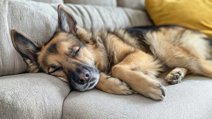 Dog peacefully sleeping on a cozy couch in a comfortable living room