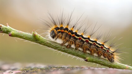 Fototapeta premium Caterpillar on Twig: A vibrantly colored caterpillar crawls along a slender twig in a close-up shot, showcasing intricate details and textures. The natural setting highlights the beauty of insects.