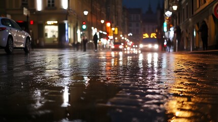 Naklejka premium Rainy Night Street Scene with Reflections and Traffic Lights : Generative AI