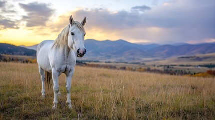 Majestic White Horse Grazing in the Open Field Against a Backdrop of Mountains and Cloudy Sky : Generative AI