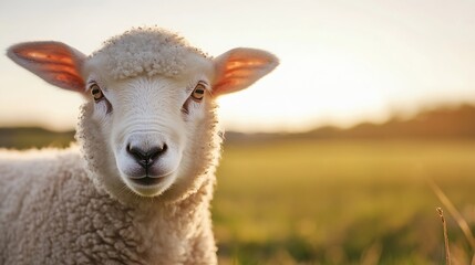 Fototapeta premium Close up of a curious sheep with soft wool in a green field during sunset : Generative AI