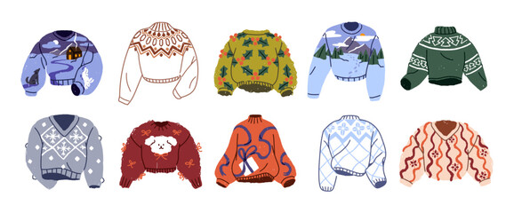 Set of ugly sweaters with different Christmas patterns. Designs of Xmas jumpers, tacky clothes for winter holiday. Cozy warm knitted pullovers. Flat isolated vector illustrations on white background
