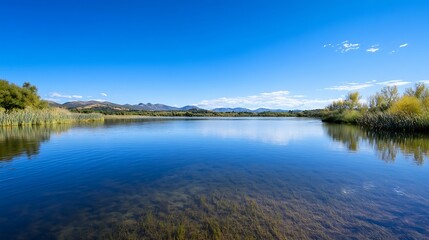 Obraz premium Serene view of a calm lake under a bright blue sky with majestic mountains in the background : Generative AI